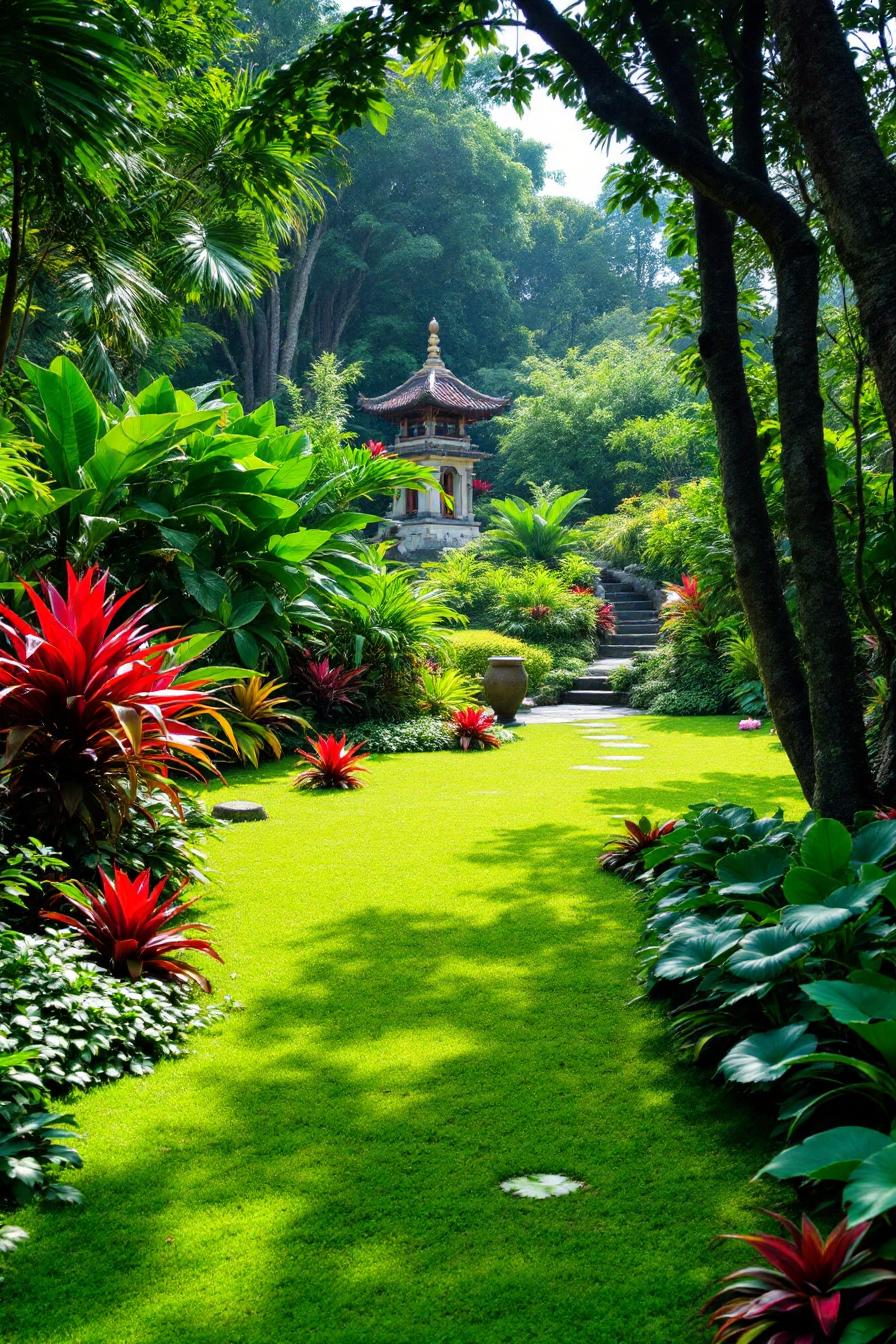 Lush garden with tropical foliage and a small pavilion