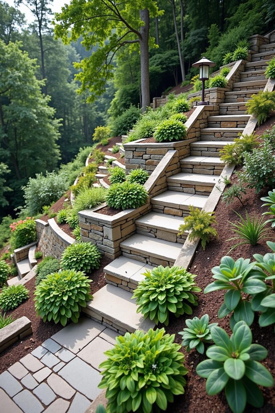 Stone steps winding up a lush hillside