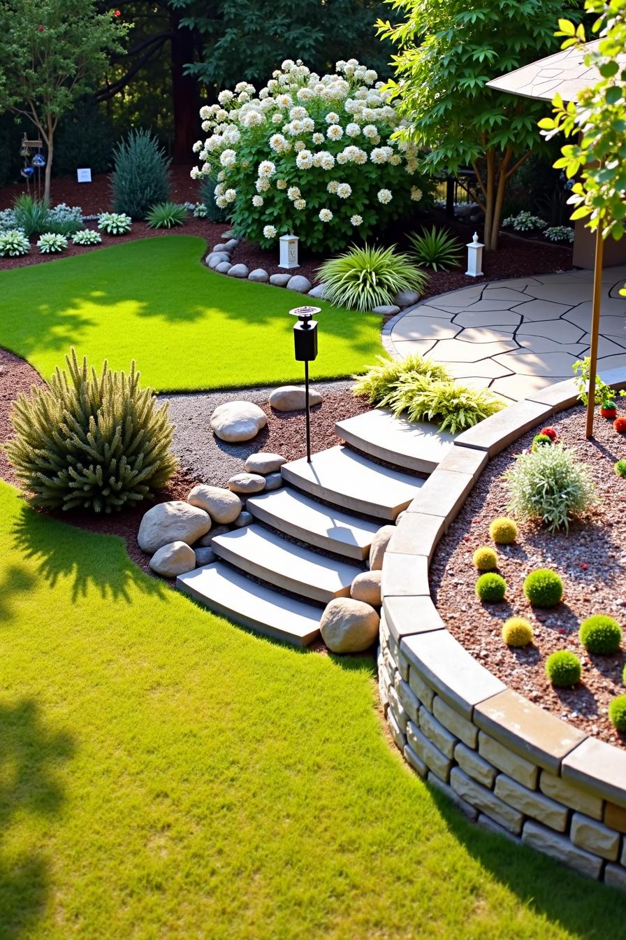 A hillside garden with stepping stones and lush greenery