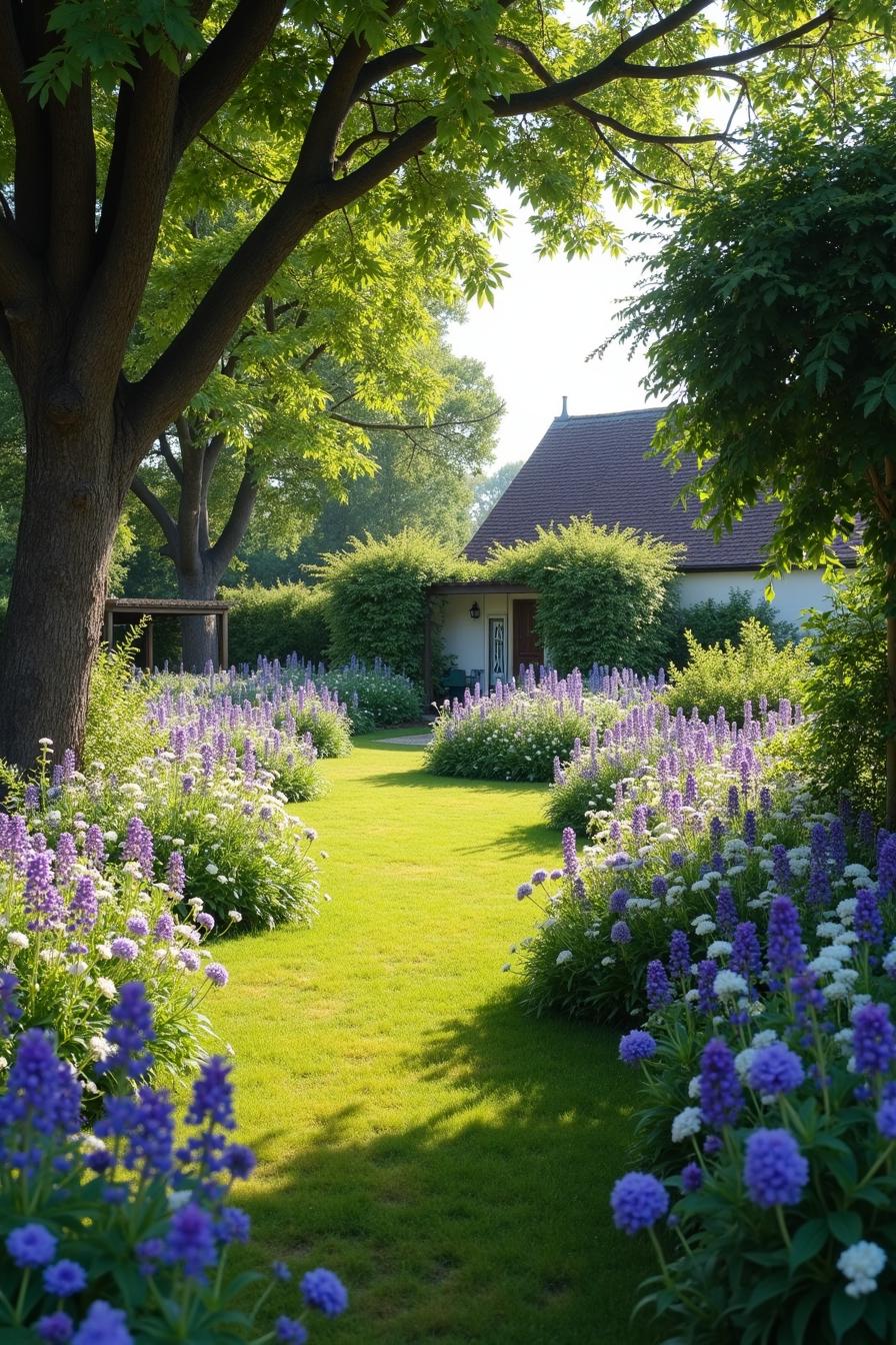 A pathway lined with purple flowers leading to a quaint cottage