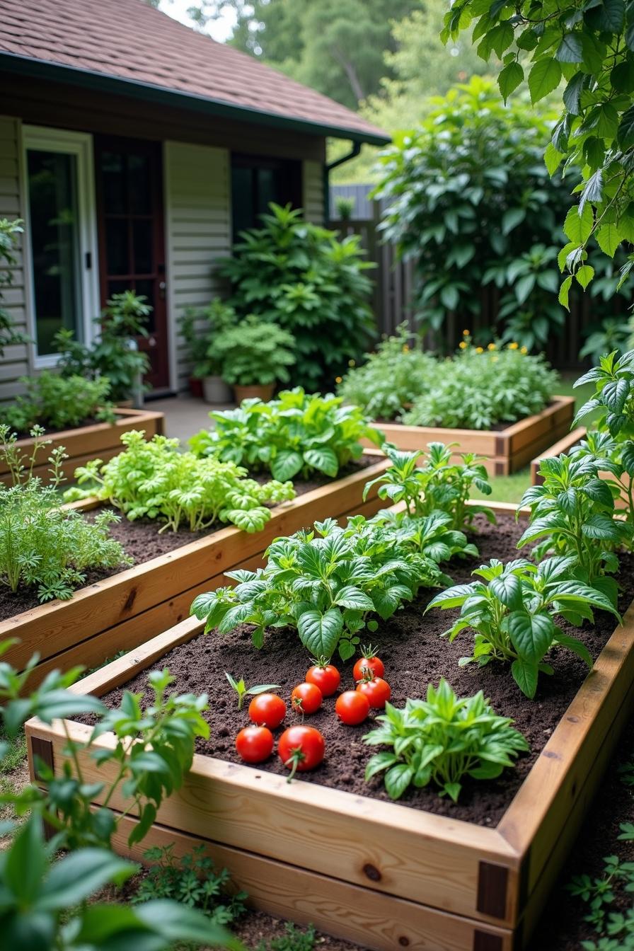 Raised garden beds with vegetables beside a house