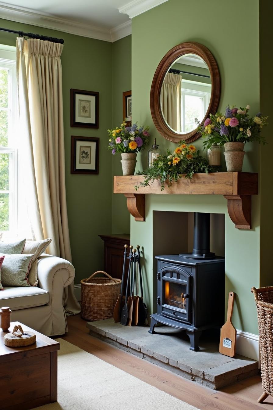 Living room with green walls and a decorated mantel