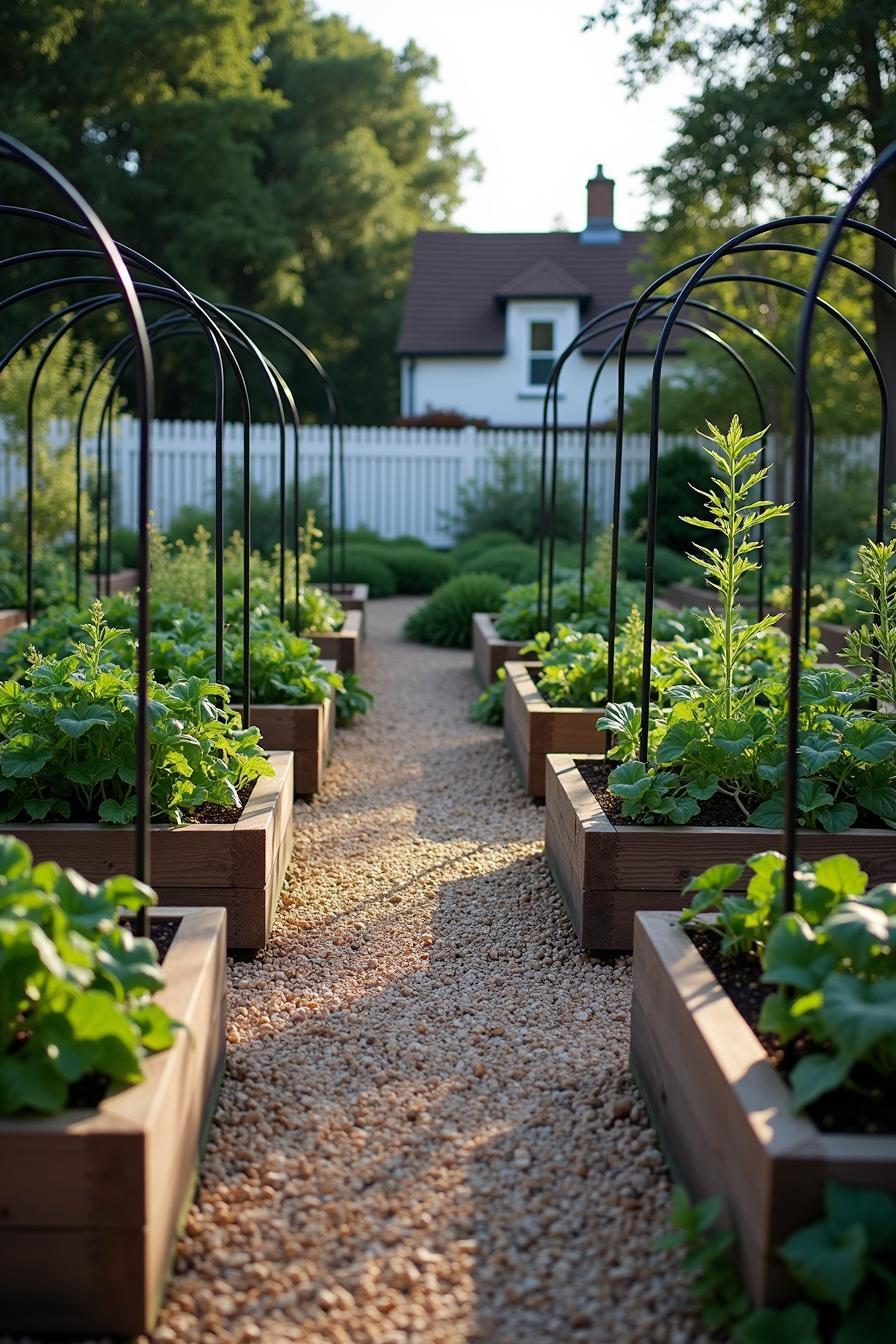 Neat rows of raised garden beds with arched trellises