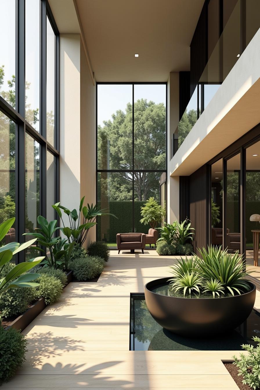 Modern atrium with potted plants and large windows