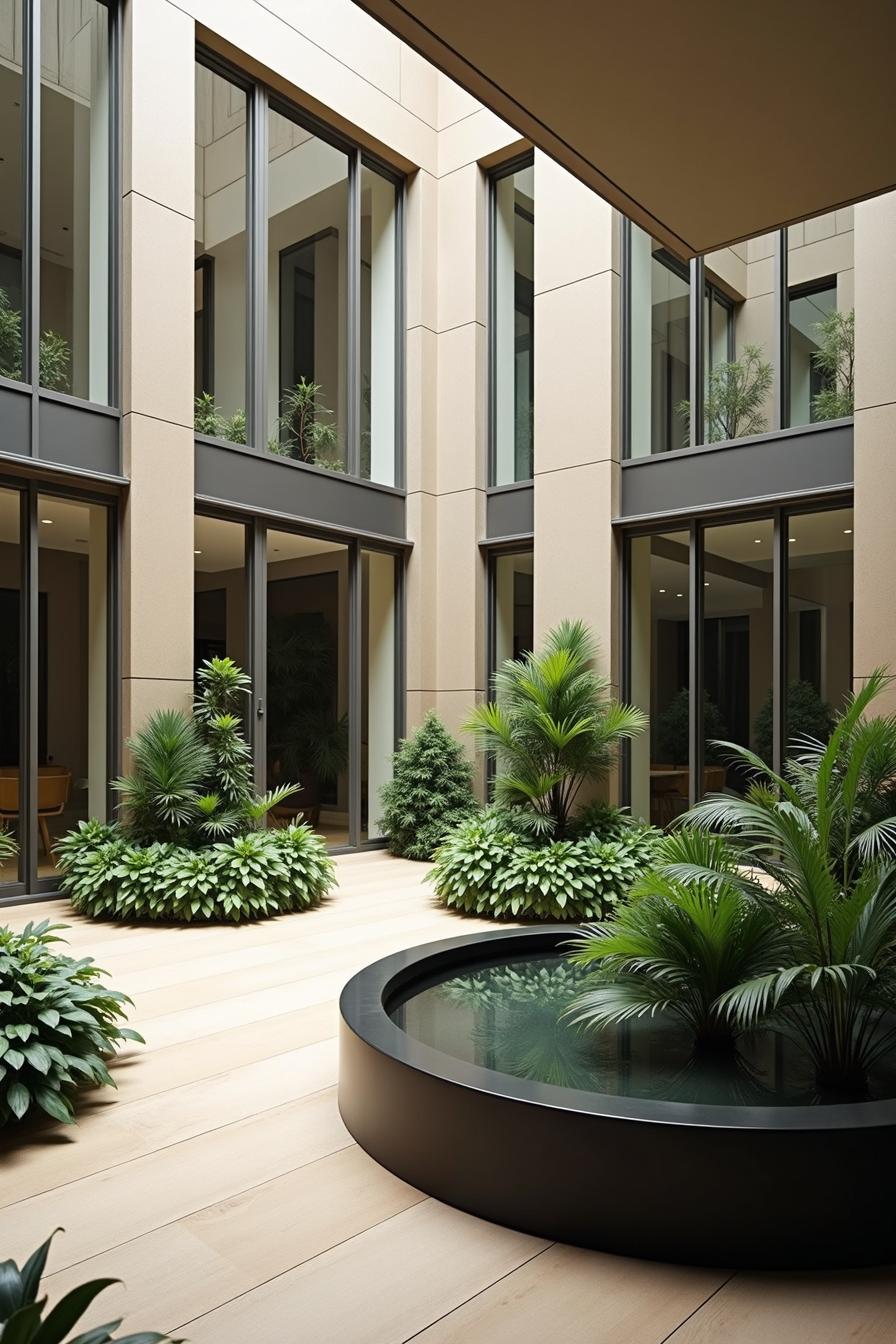 Serene courtyard with plants and water feature