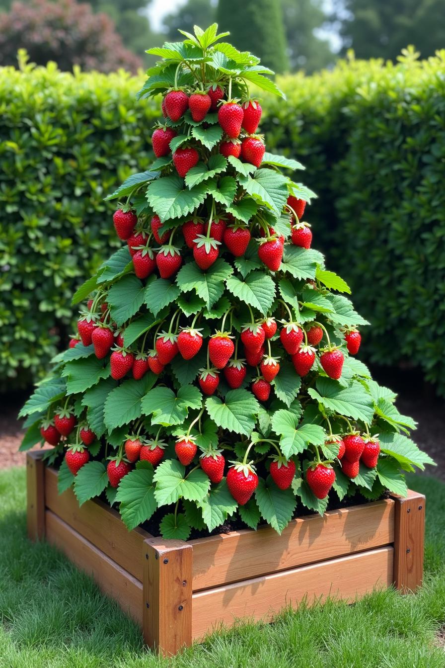 Pyramid-shaped strawberry planter with lush green foliage