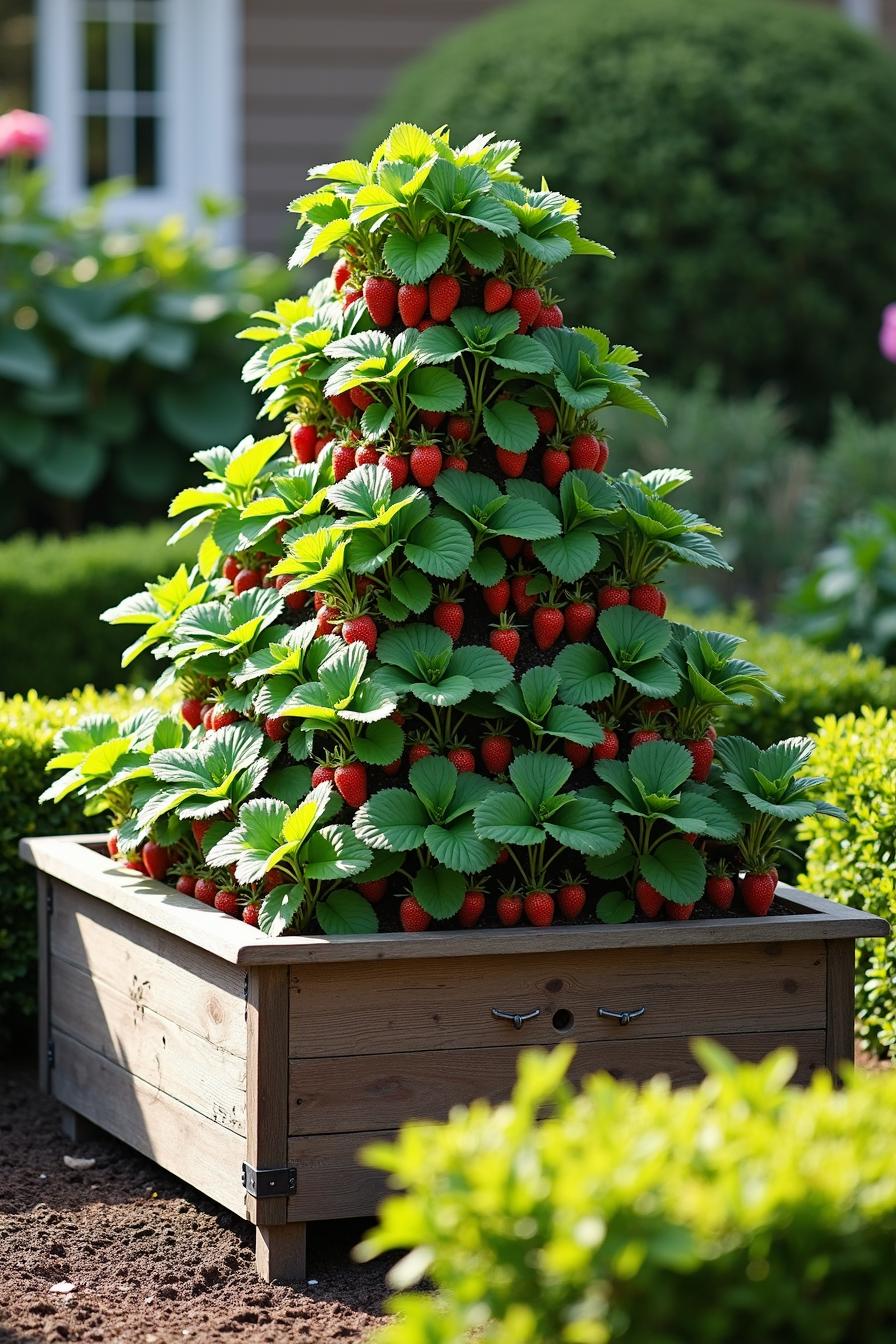 Pyramid of fresh strawberries with lush green leaves