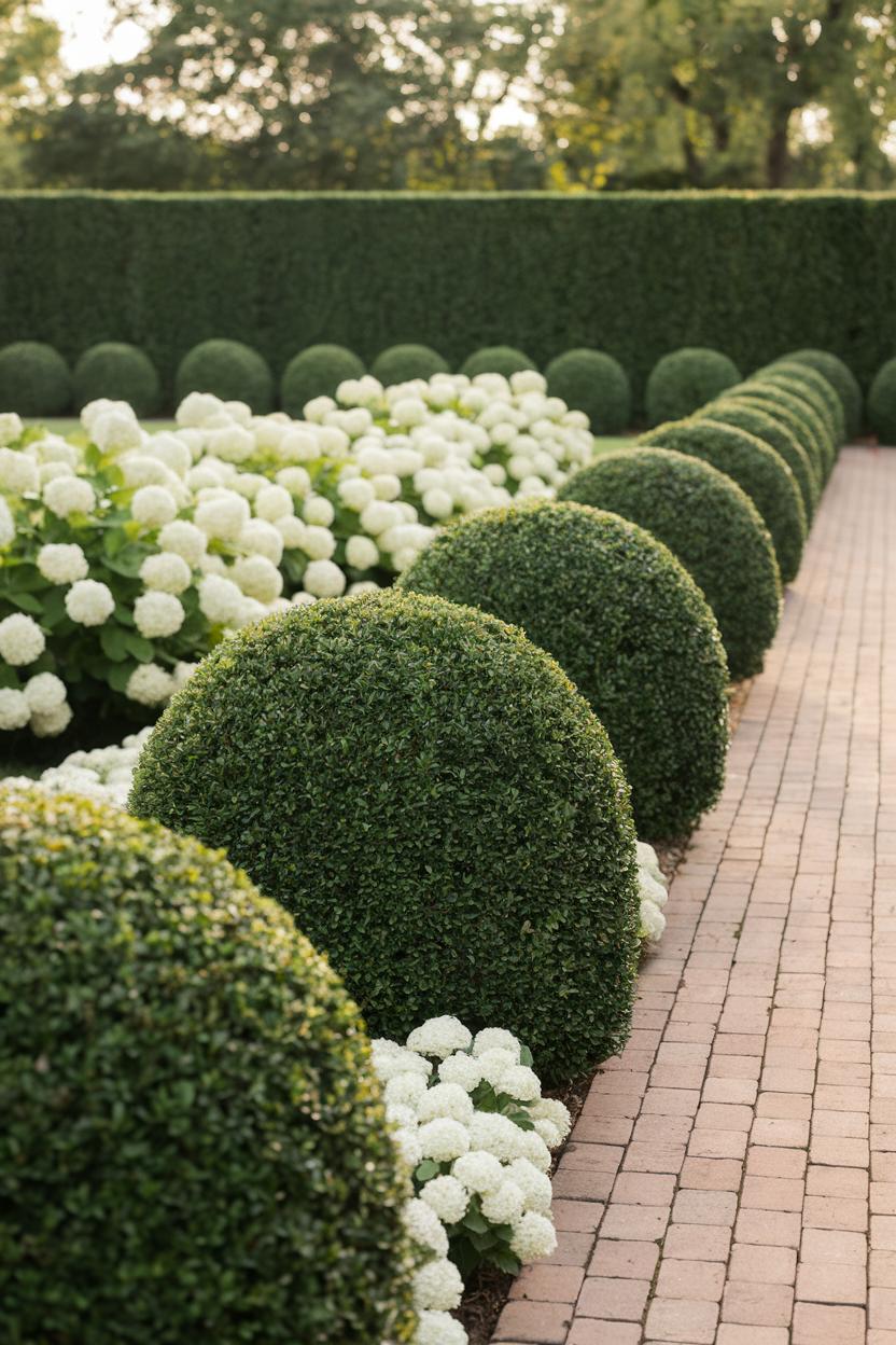 Boxwood hedges and white flowers along a brick pathway