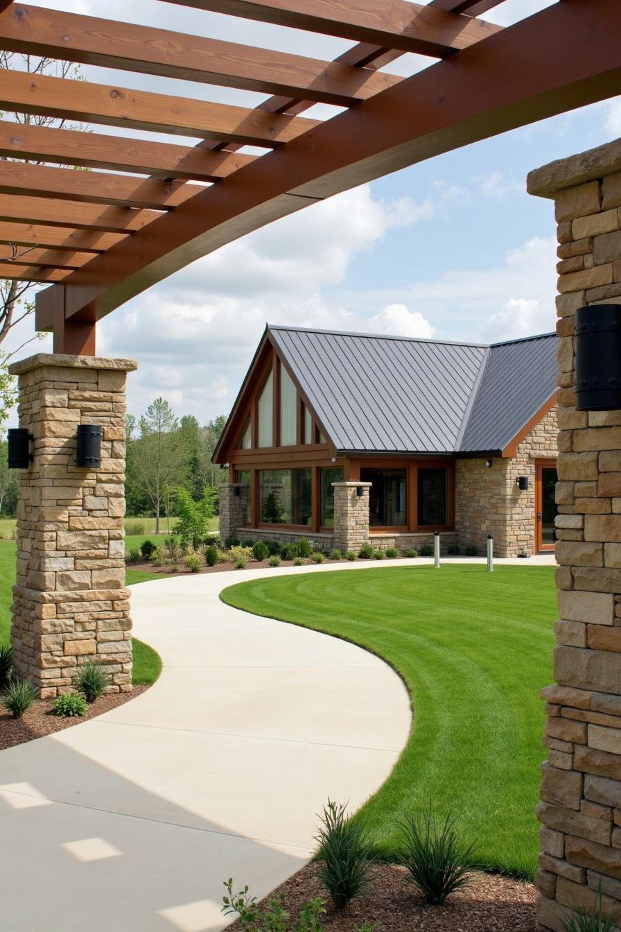 Farmhouse with pergola, stone pillars, and curved path