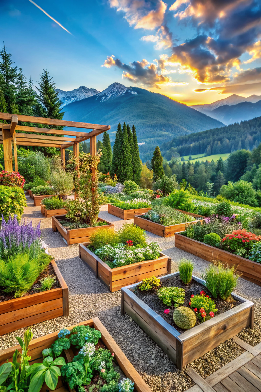 Wooden raised garden beds with vibrant plants