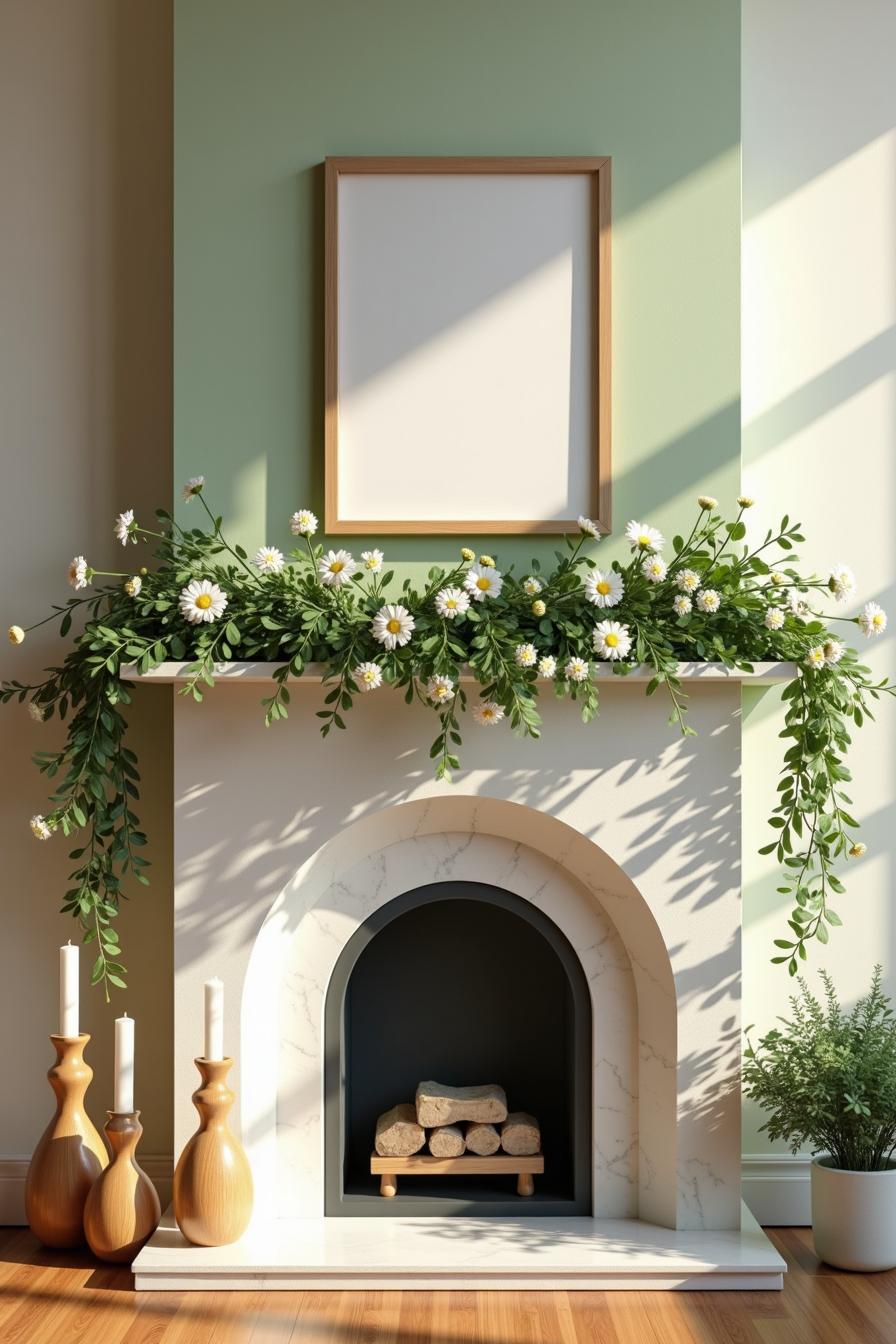 Spring mantel with daisies and greenery