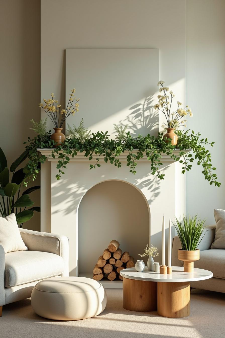 Bright and airy mantel with greenery and flowers