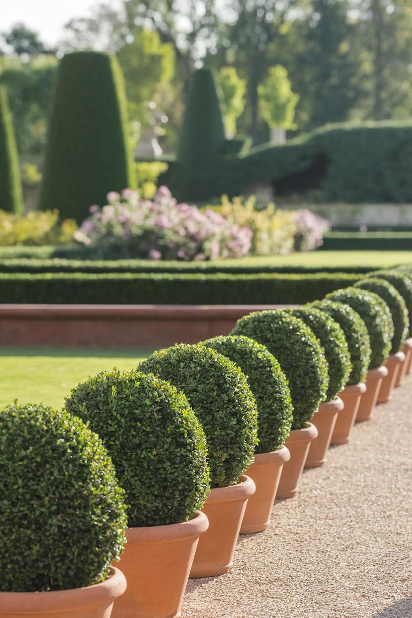 Neatly lined boxwood shrubs in terracotta pots