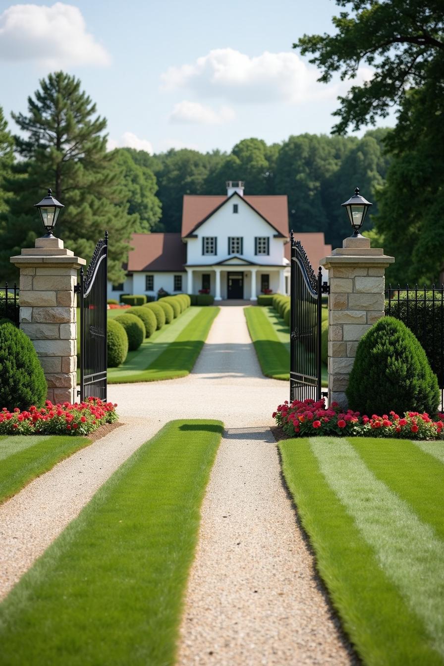 Charming gated farm with lush pathway and classic farmhouse