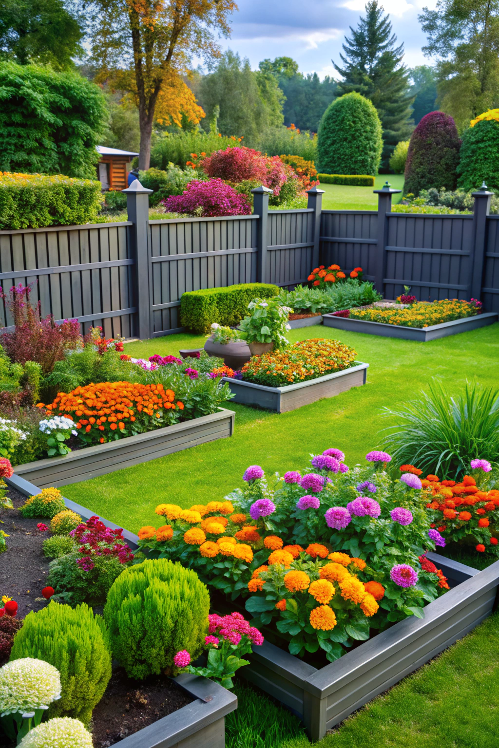 Colorful raised flower beds in a lush backyard