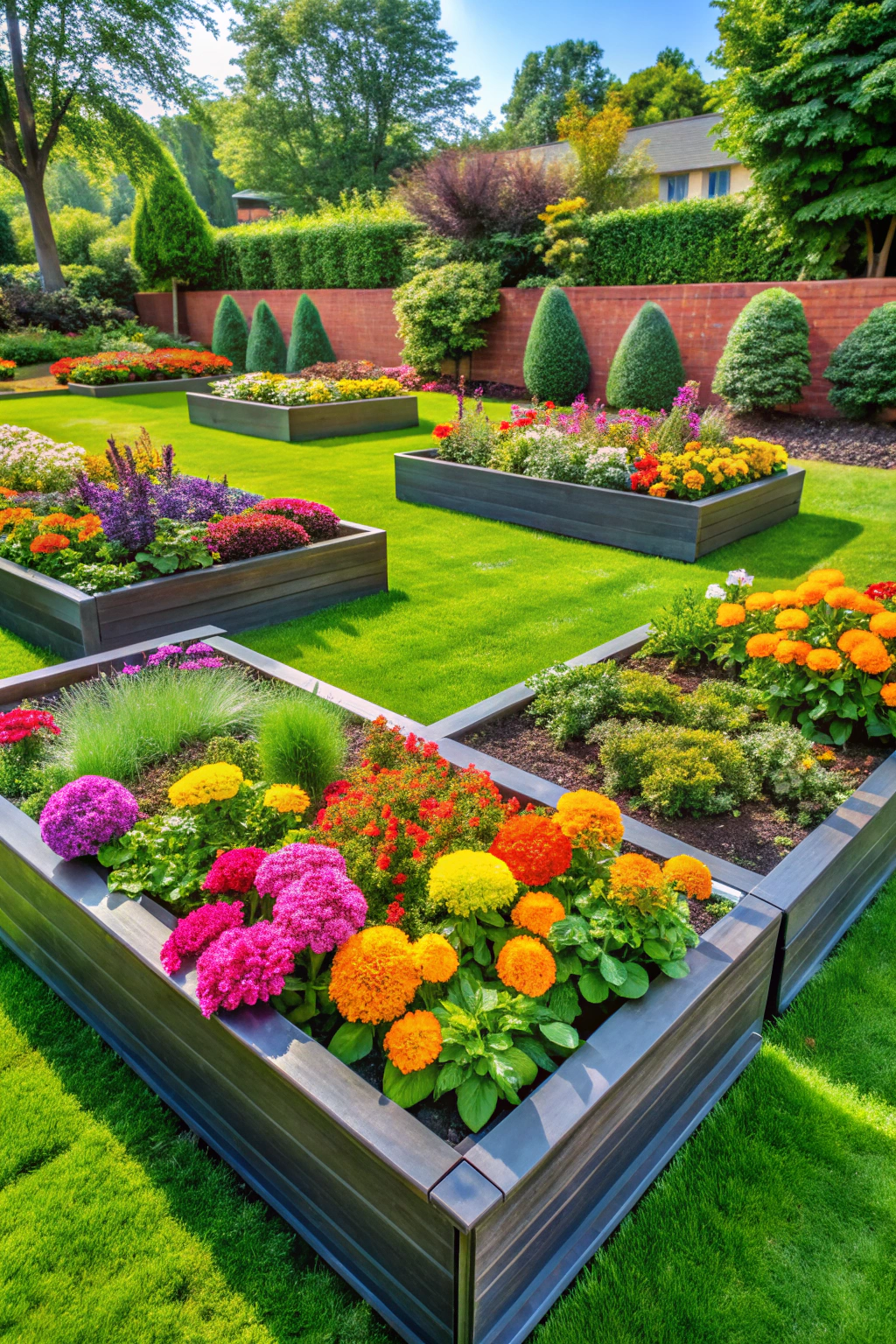 Colorful raised flower beds with vibrant blooms