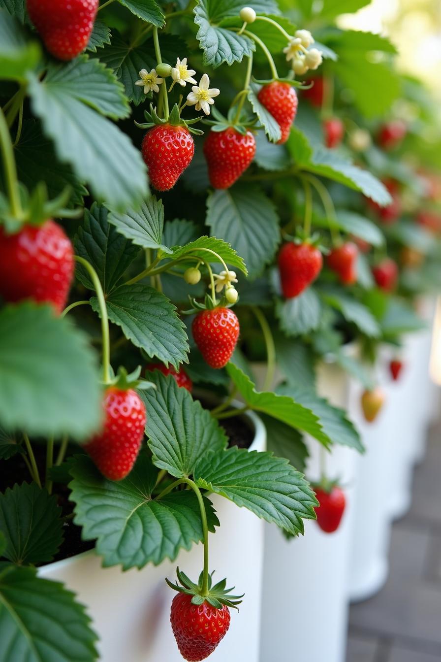 Bright strawberries hanging from a vertical garden