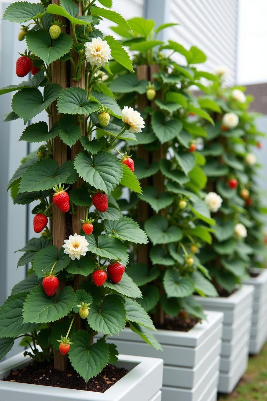 Vertical strawberry plants with flowers in pots