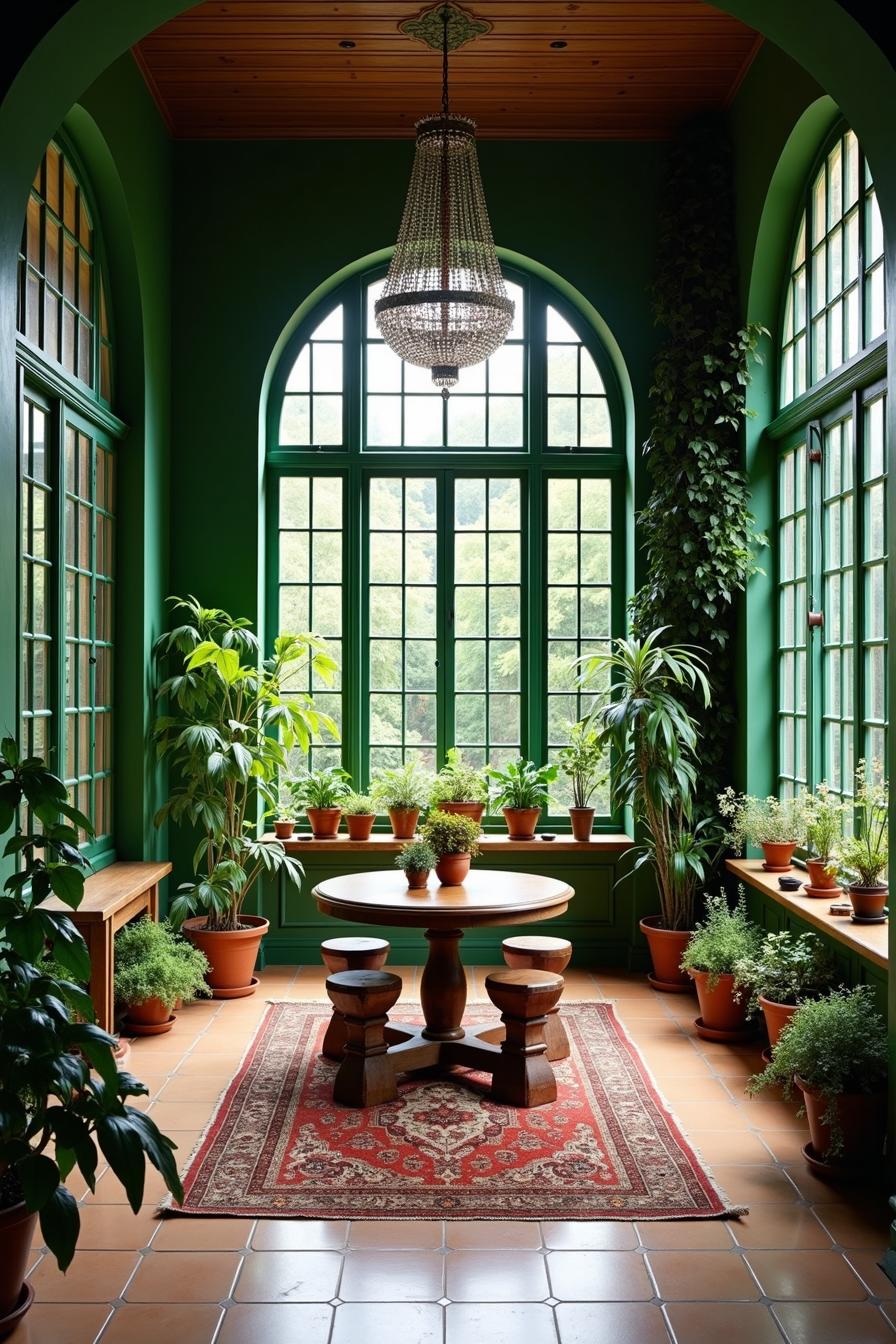 Sunlit room with wooden table and lush plants