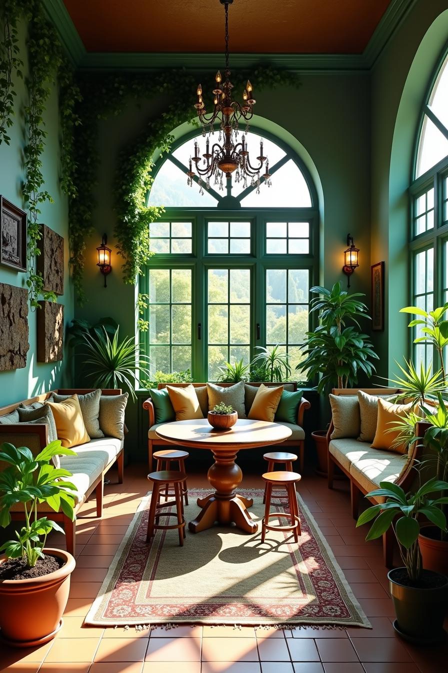 Bright room with plants, leafy walls, and cozy seating