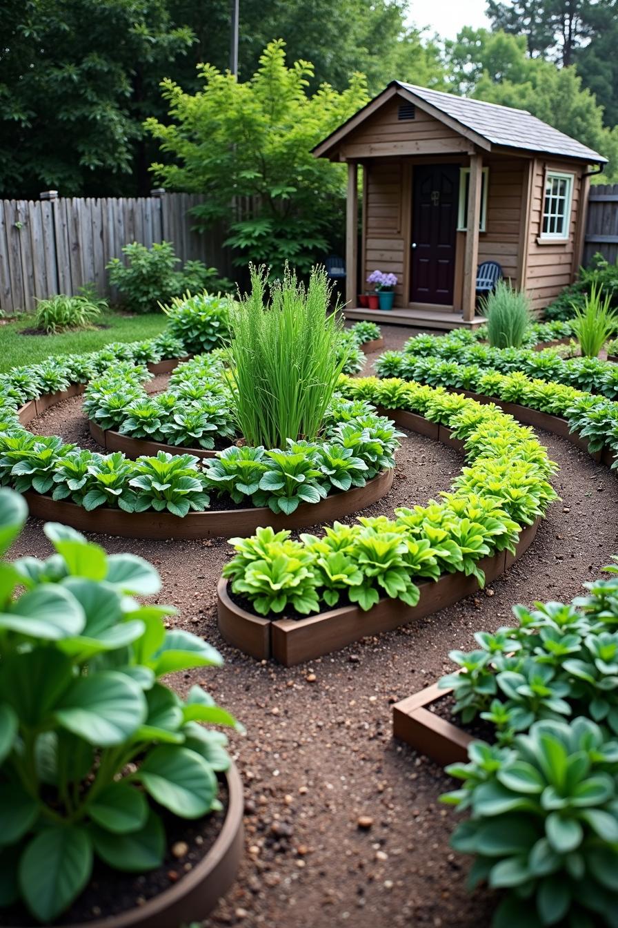 Vegetable garden with patterned beds and a shed