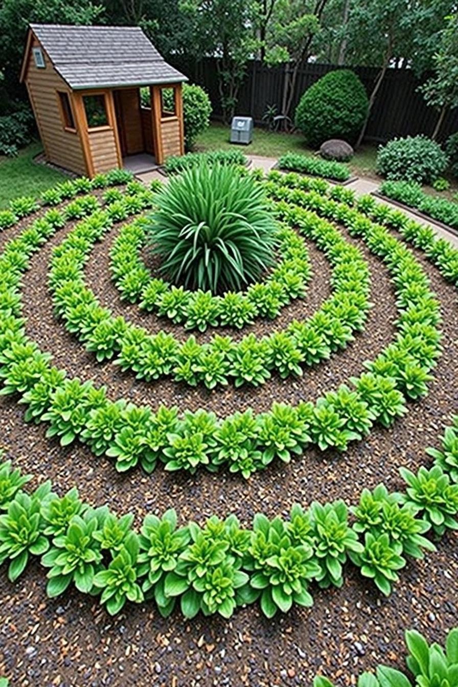 Circular rows of lush plants surround a central bush with a quaint shed nearby