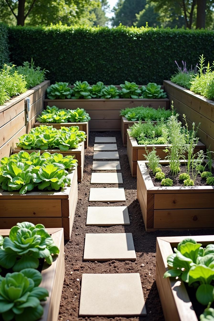 Wooden raised garden beds buzzing with green plants