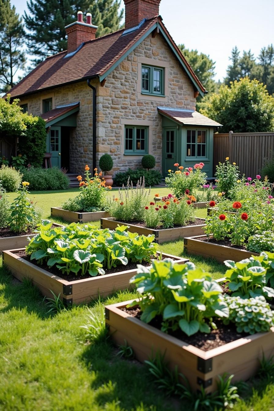 Vegetable garden with raised wooden beds in front of a cottage