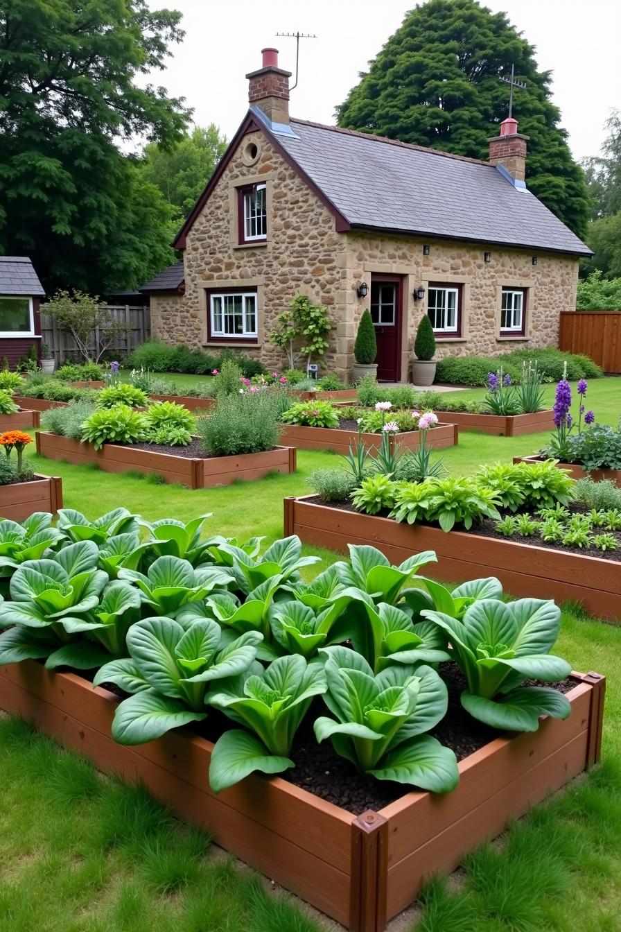 Garden beds with vibrant vegetables in front of a stone cottage