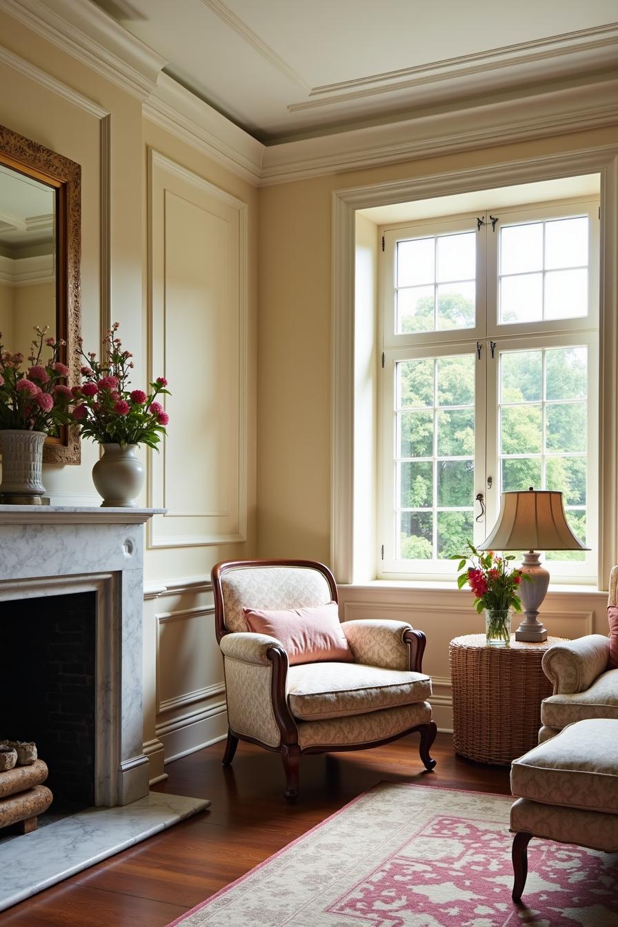 Cozy living room with floral accents and a bright window