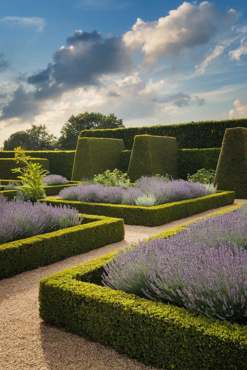 Boxwood hedges and lavender in a formal garden