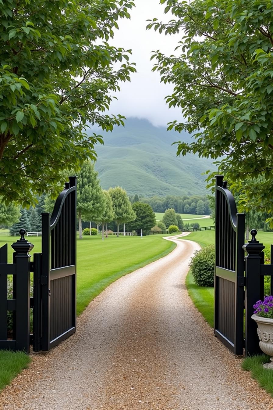 Open black gates leading to winding farm path with trees