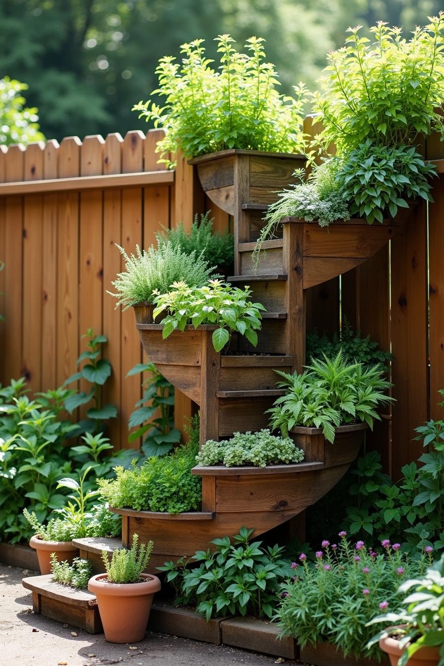 Wooden spiral raised garden with lush greenery