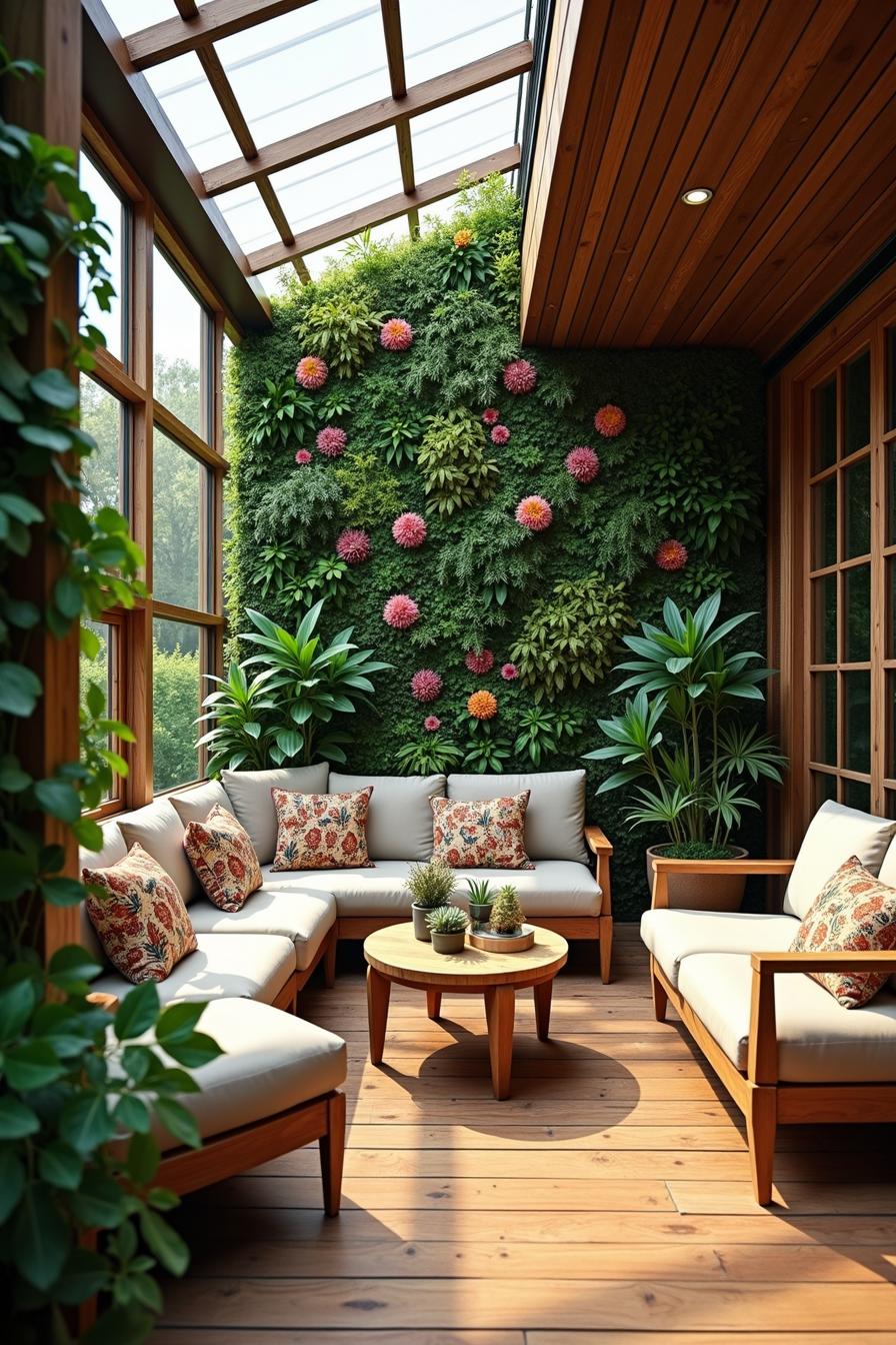 Cozy seating in a room with a vibrant vertical garden