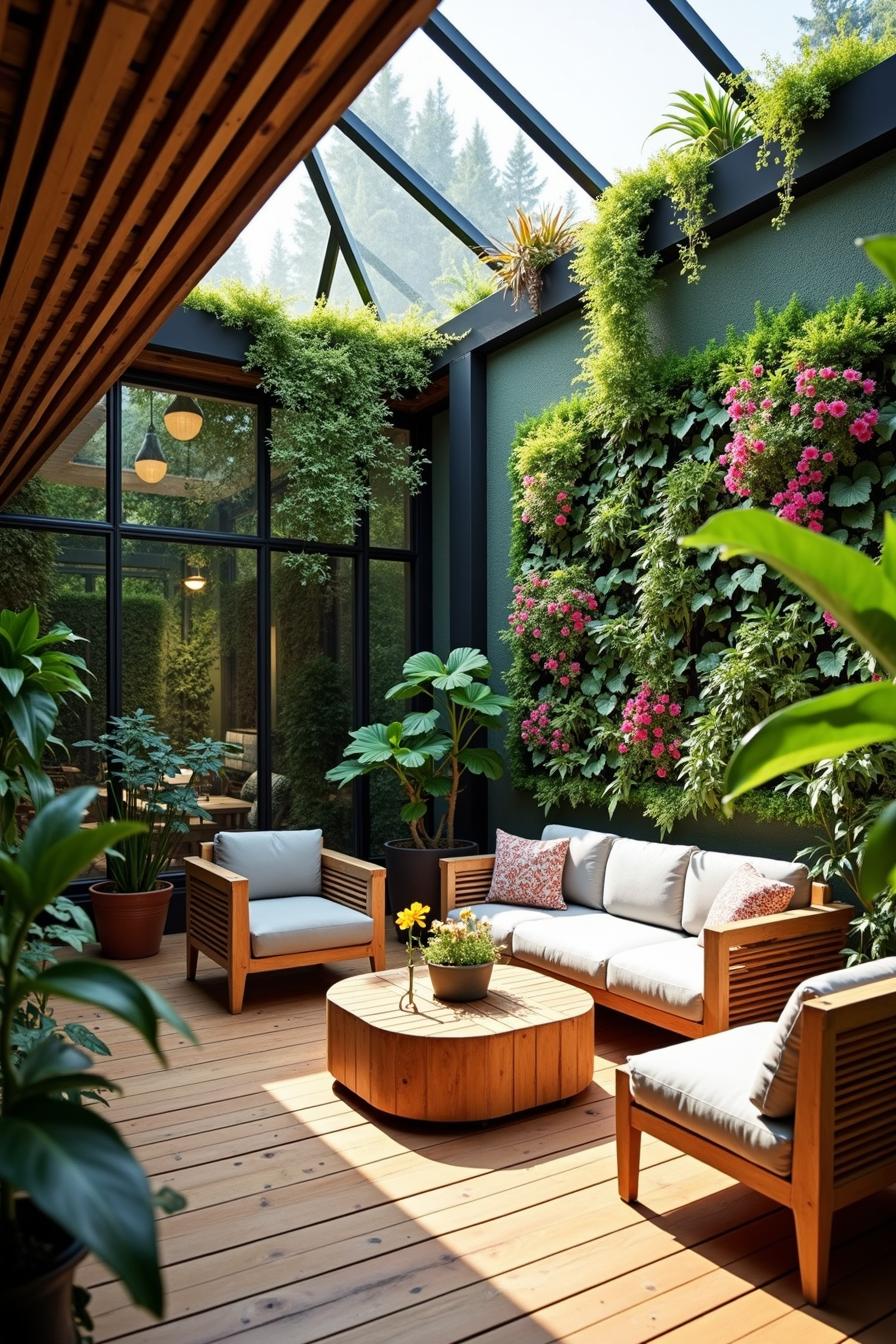 Indoor space with wooden seating and lush vertical garden