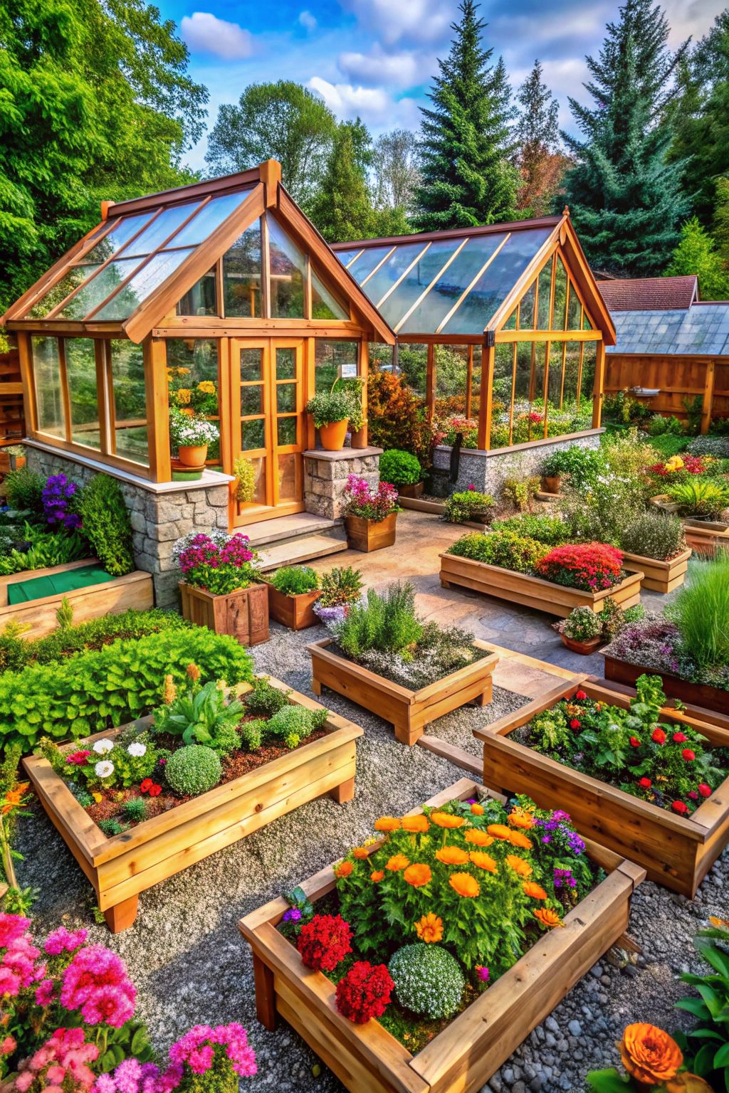 Rustic greenhouse surrounded by vibrant raised flower beds