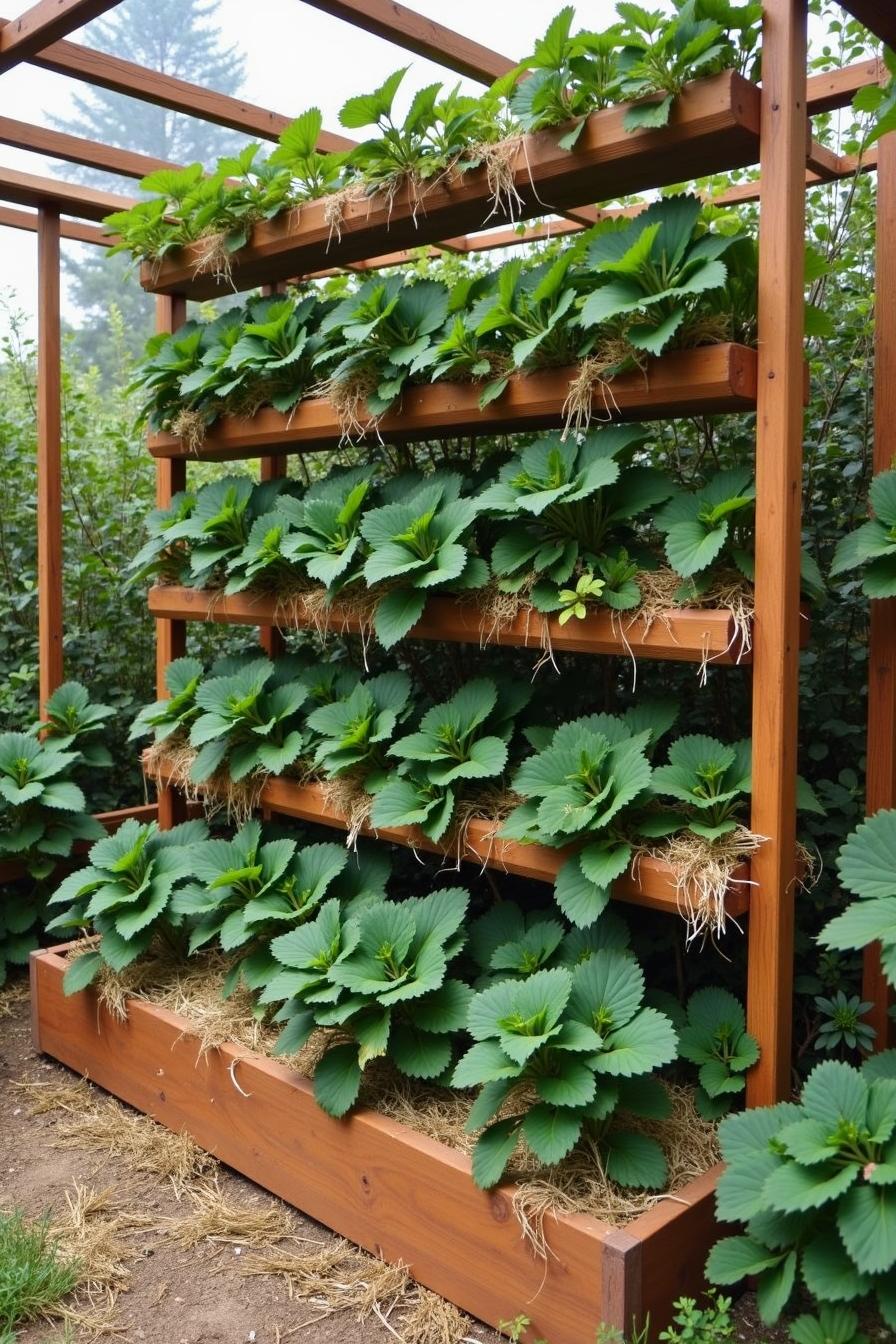 Layered wooden shelves with strawberry plants