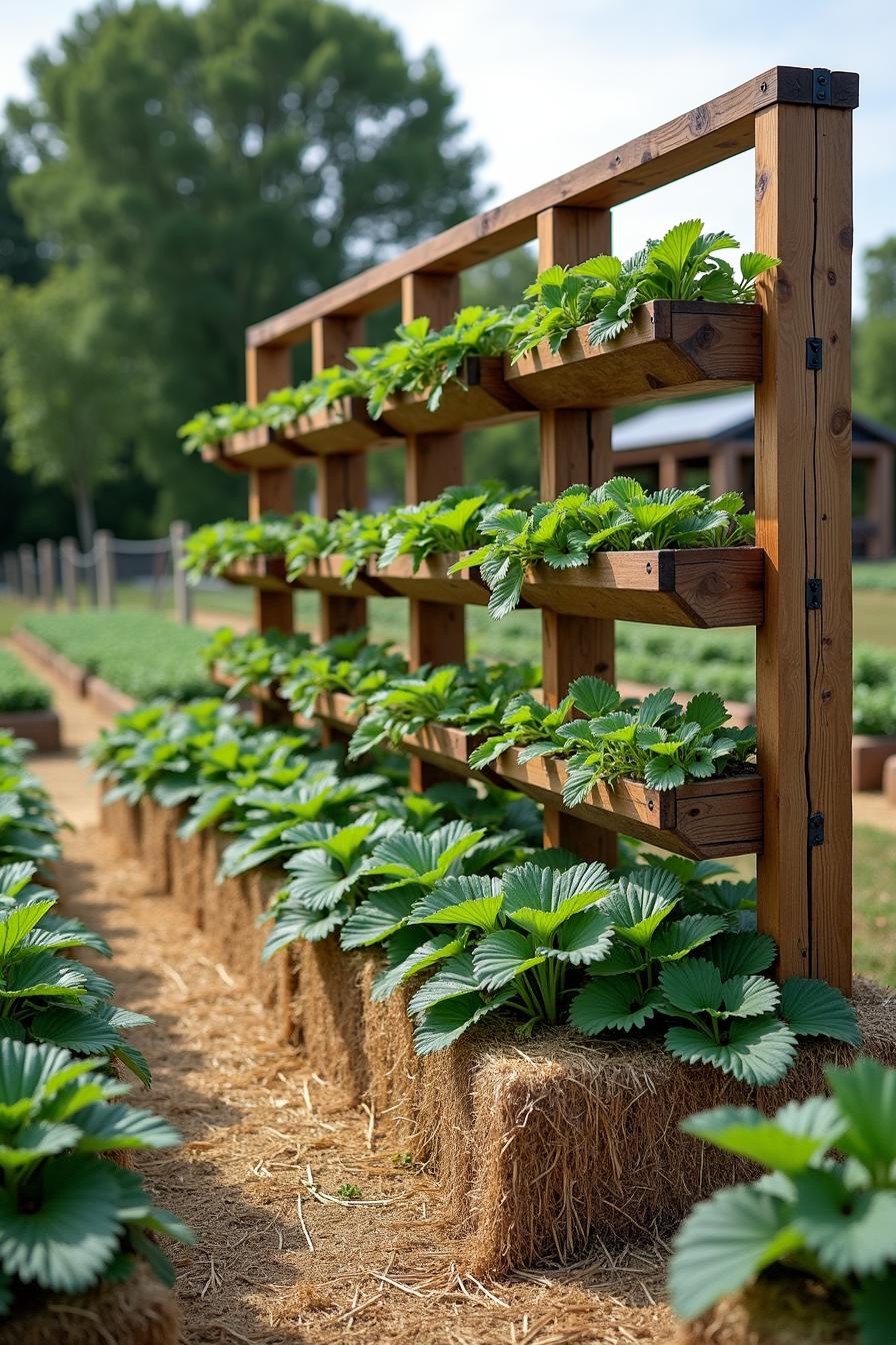 Vertical strawberry garden with wooden planter shelves