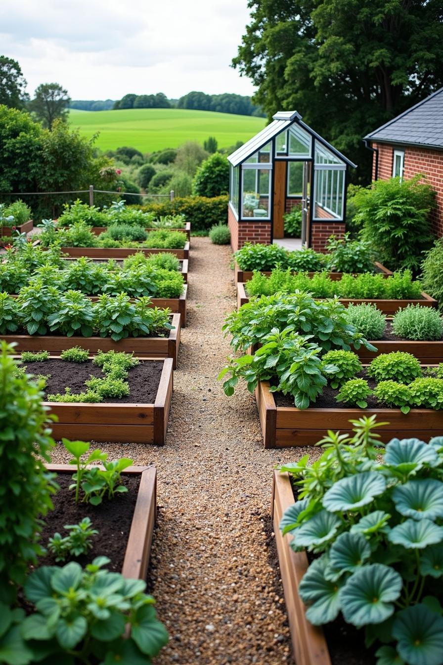 Raised garden beds with lush vegetables and a glass greenhouse