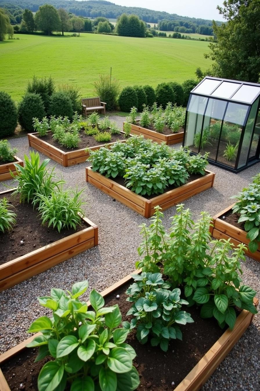 Wooden raised beds with vegetables and a small greenhouse