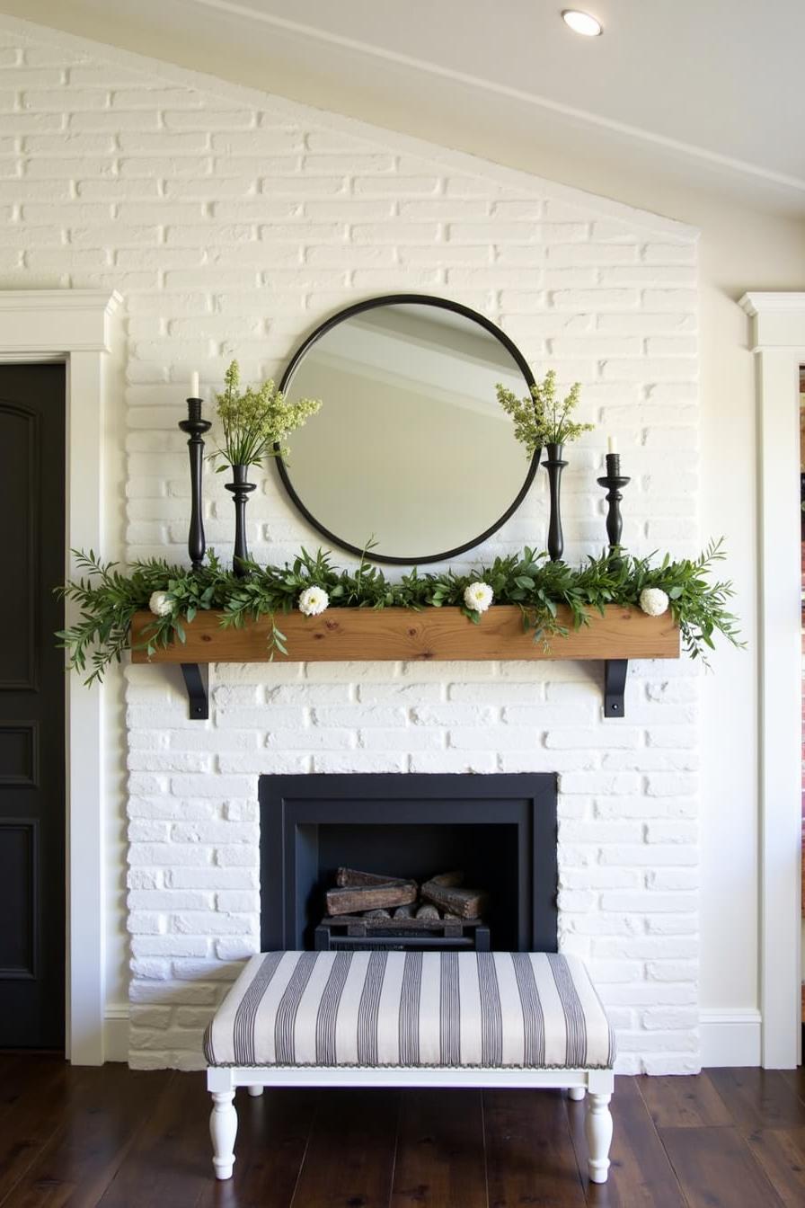 Wood mantel with green foliage and flowers, topped by a round mirror