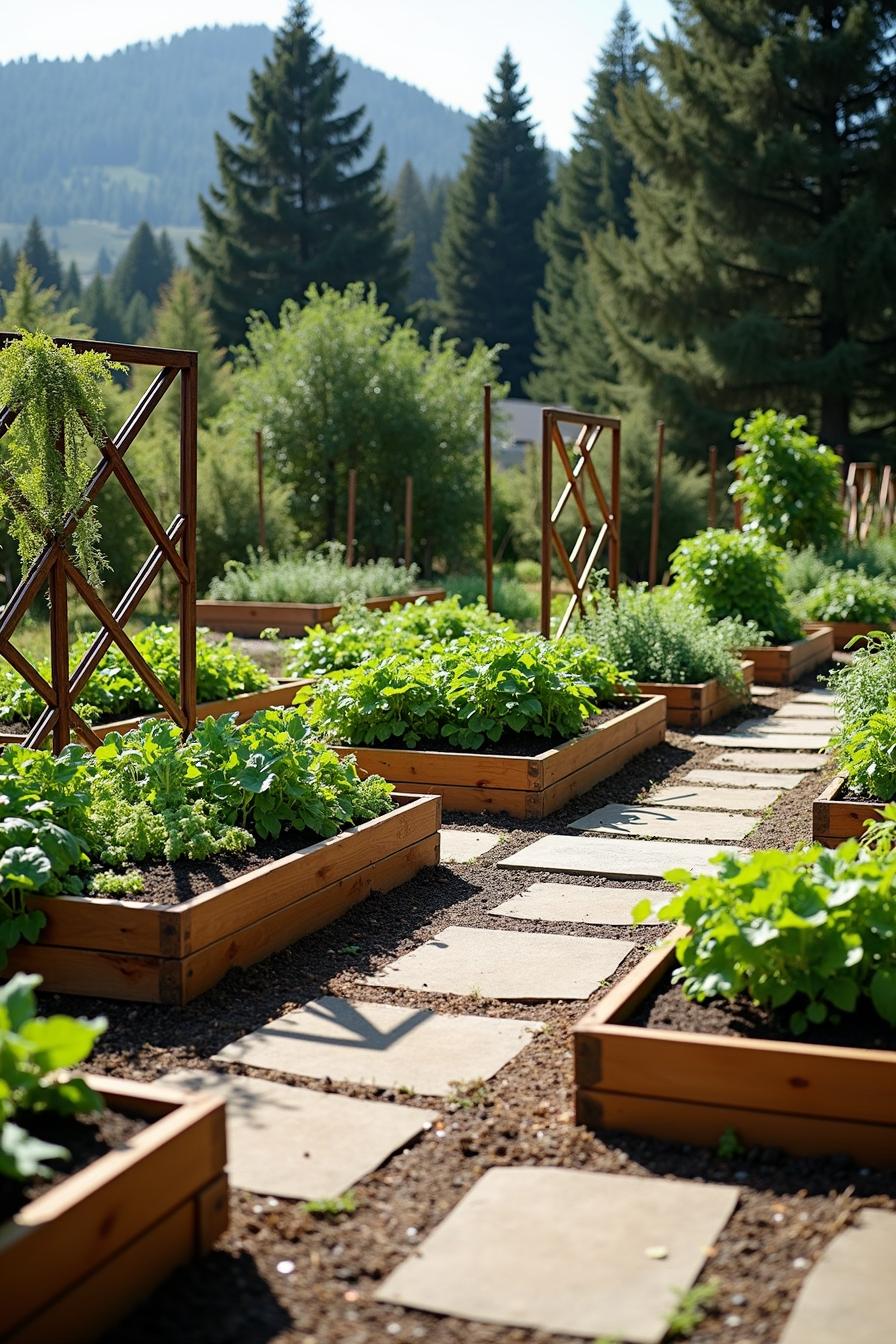 Raised garden beds with lush plants and stone pathway