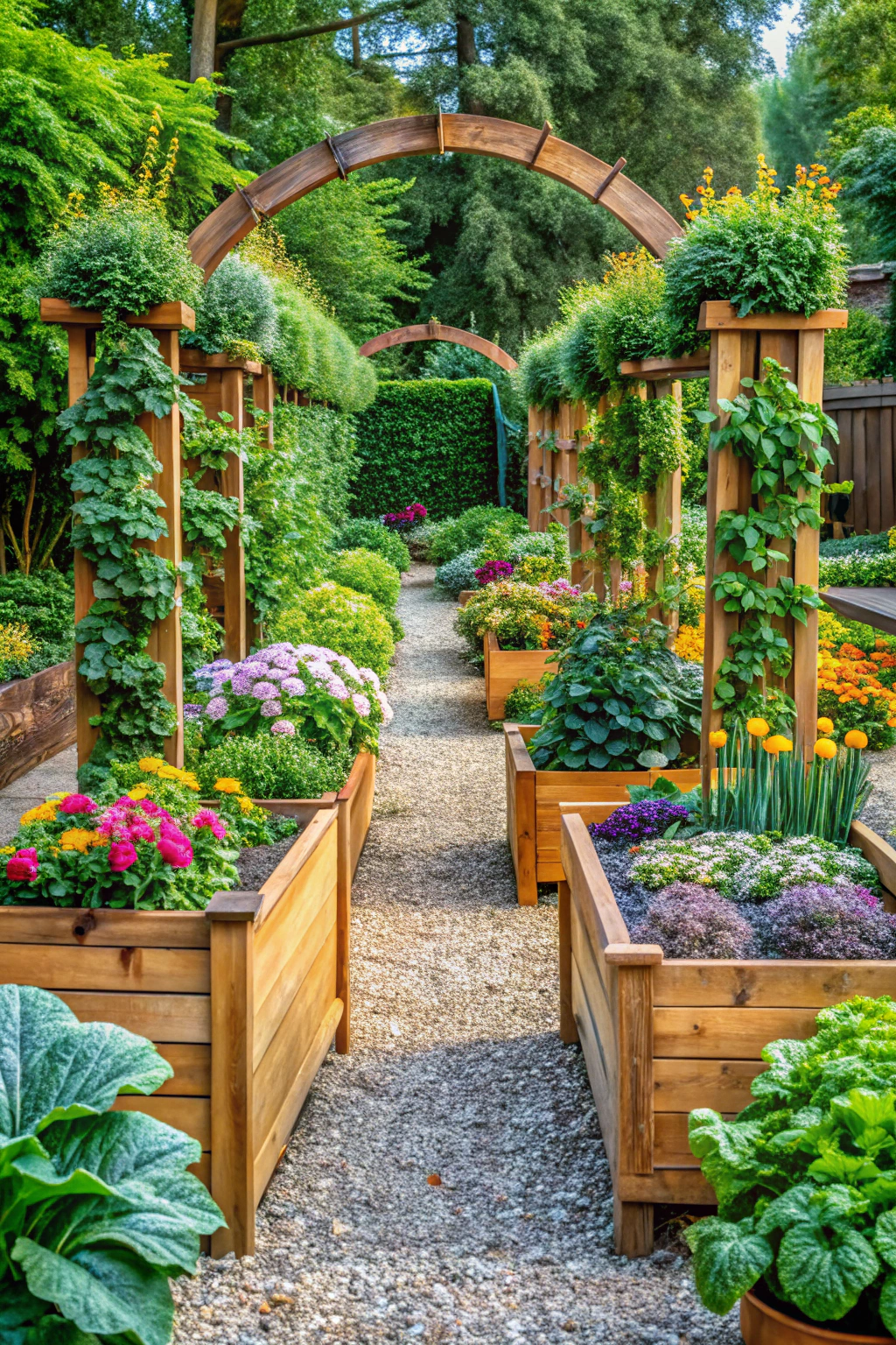 Wooden raised garden beds filled with colorful flowers