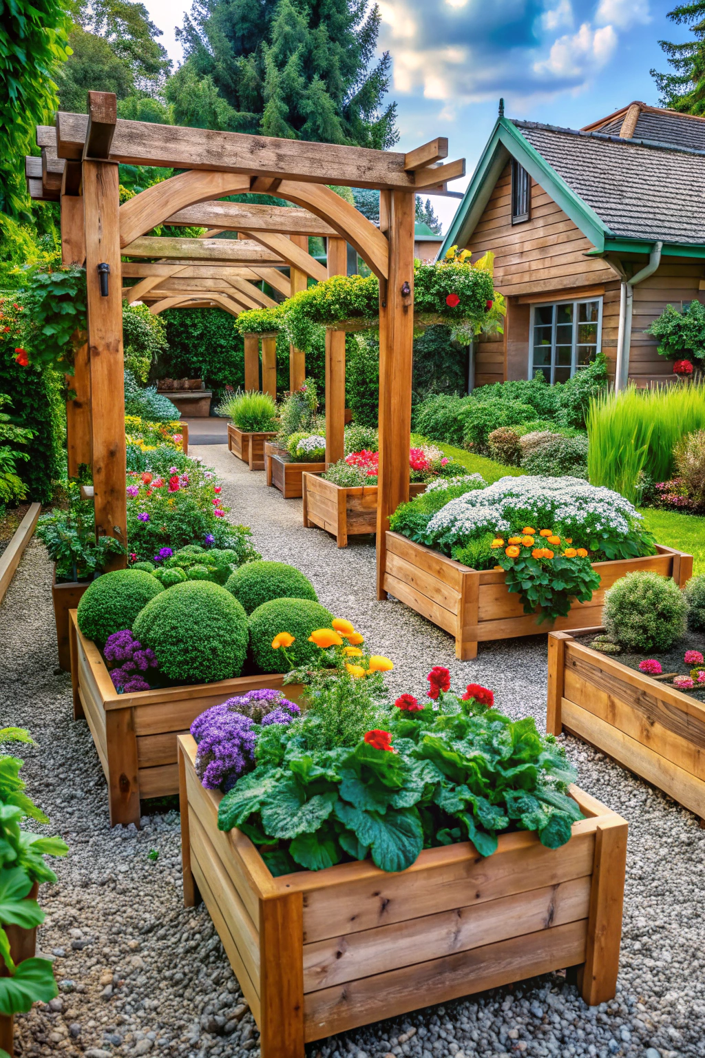 Raised flower beds with colorful blooms and wooden archways