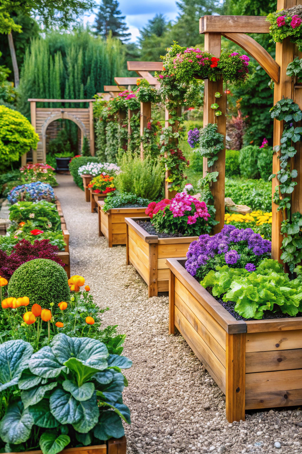 Colorful raised flower beds with plants and wooden structures