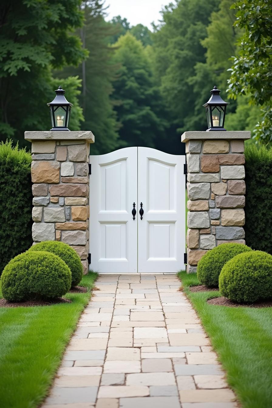 White double gate with stone pillars and lanterns surrounded by lush greenery