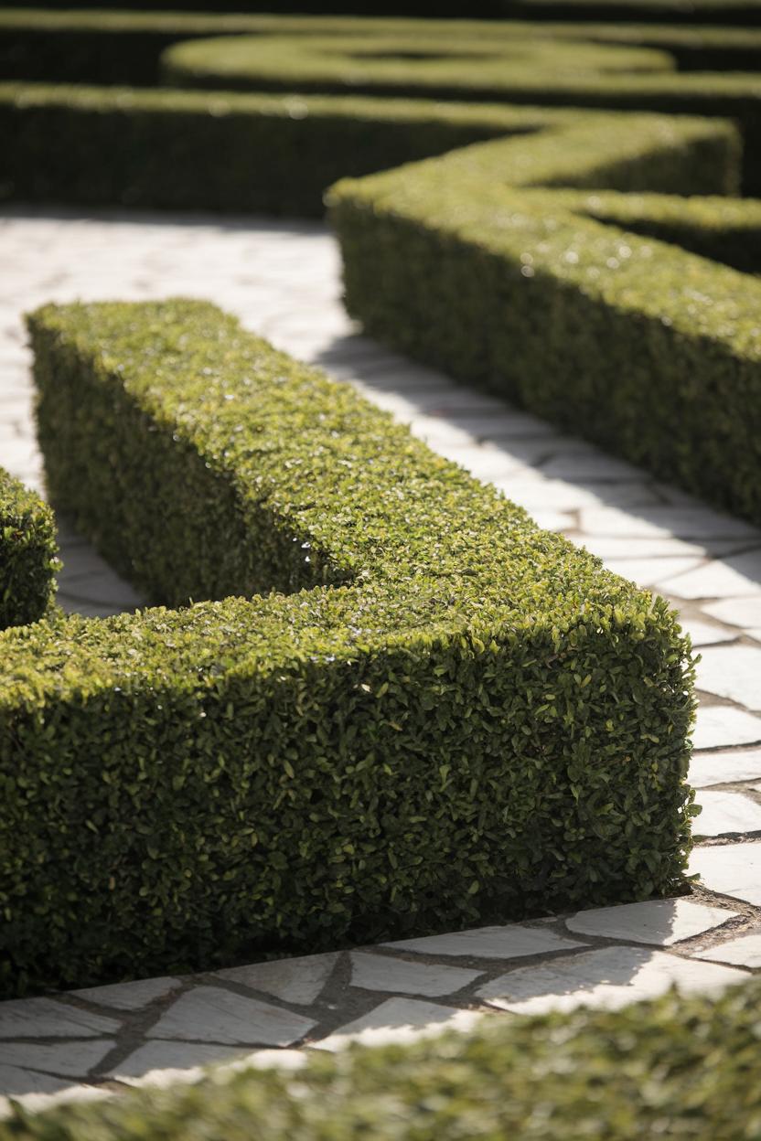 Neatly trimmed boxwood hedges in geometric arrangement