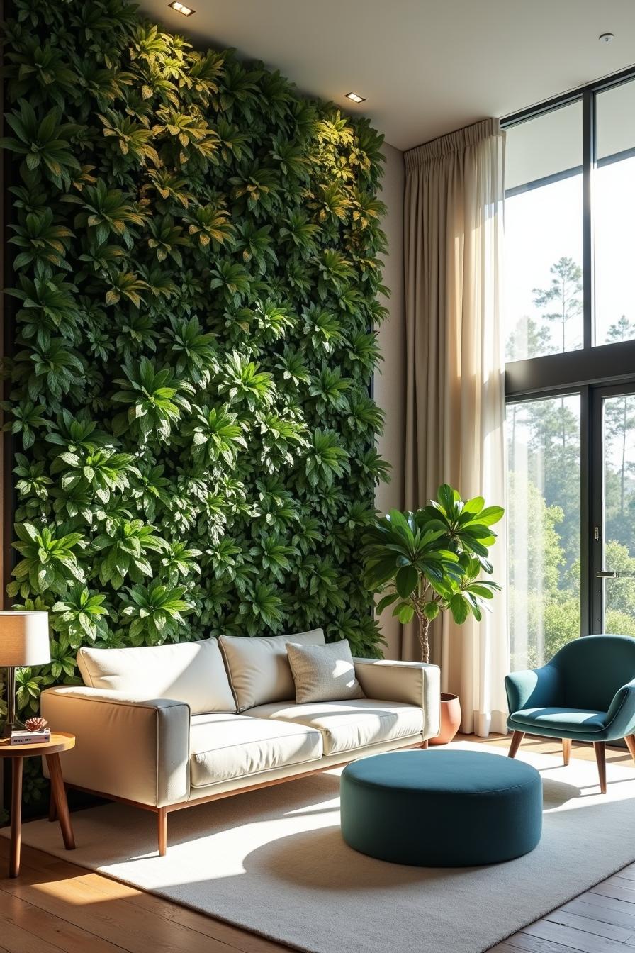 Chic living room with a vibrant green wall