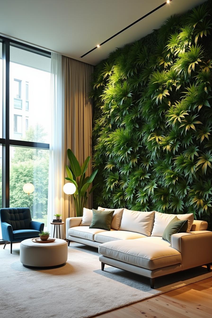 Living room with vertical garden and modern seating