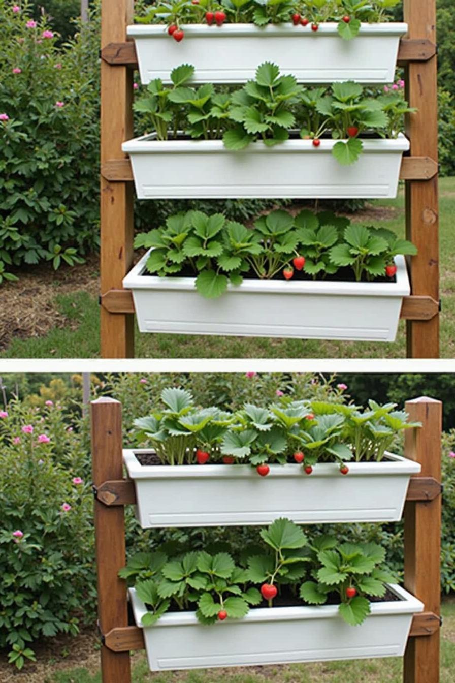 Vertical planters with strawberries growing